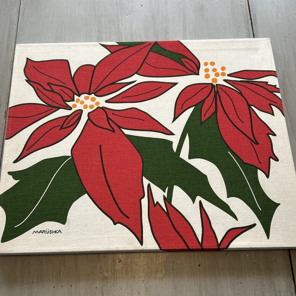 RARE Vintage 70s MARUSHKA Red Poinsettias Screen Print Textile WALL ART 20x16